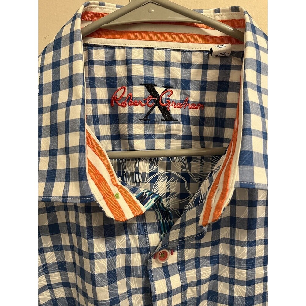 Robert Graham Shirt 2XL Classic Short Sleeve Cotton Blue Button Down Plaid NWOT